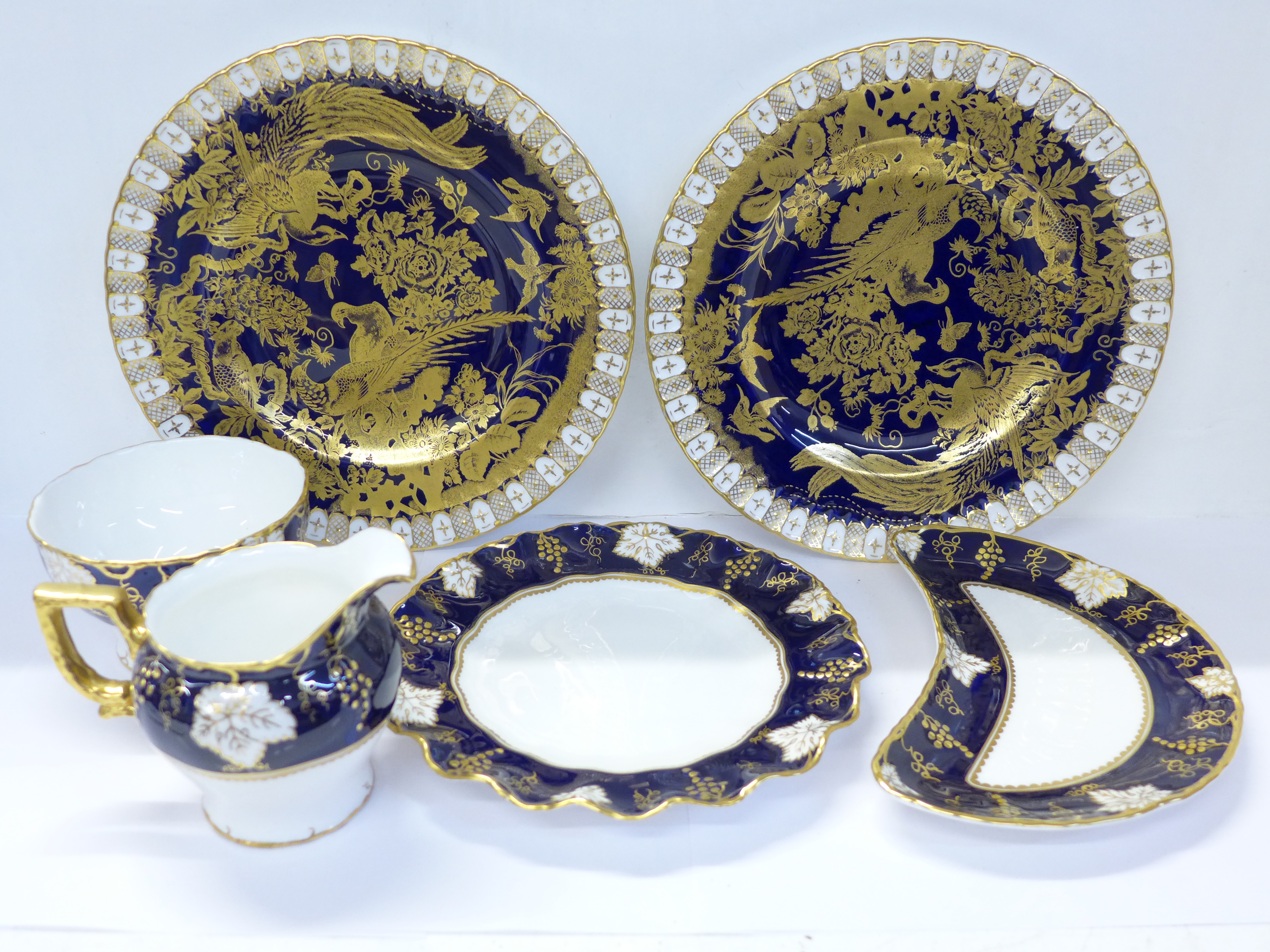 A Royal Crown Derby Vine Cobalt cream, sugar, wavy edge plate and dish, and two Royal Crown Derby