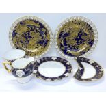 A Royal Crown Derby Vine Cobalt cream, sugar, wavy edge plate and dish, and two Royal Crown Derby