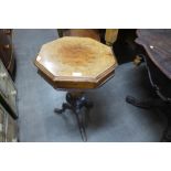 A Victorian burr walnut tripod work table ( locked without key )