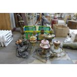 Assorted brass oil lamps, light fixtures, etc.