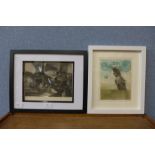 Two etchings, a black abstract, indistinctly signe, and one other surrealist etching
