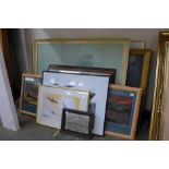 Seven aviation prints, two other prints and a small Col. Samuel Colt advertising mirror