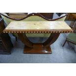 An Art Deco style walnut and maple effect console table