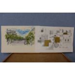 Pamela Guille, Barcelona, watercolour and a Pamela Guille abstract, pencil drawing, both unframed