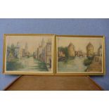 A set of three continental hand coloured etchings