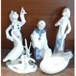 Two Casades figures of clowns, A Tengia figure of a clown, Casades geese figure group and a model of