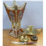 An Arabian incense burner 'Bakhoor', two chamber sticks, knife and weight