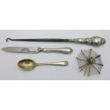 Silver including a spoon and a silver handled button hook