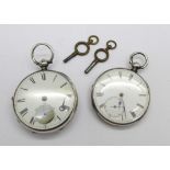 Two silver pocket watches and keys