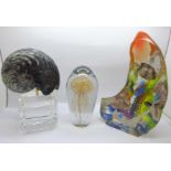 A polished fossil on stand, a glass paperweight and a resin sea life paperweight