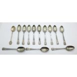 Twelve silver spoons and one other silver spoon, 118g