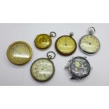 Four pocket watches, travel clock and an Accurist wristwatch, all a/f