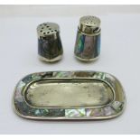 A Mexican silver and abalone cruet set