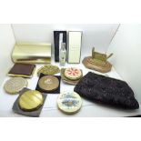 Compacts, two purses, desk stand, etc.