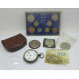 A silver cased pocket watch, a/f, coins and a decimal coin set