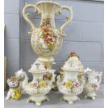 A collection of Capodimonte, large floor standing vase, teapot, jug and covered pot and four cat