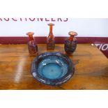 Three M'dina studio glass vases and a blue glass bowl
