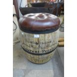 A coopered oak barrel stool with leather top