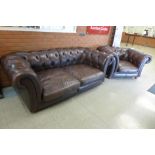 A chestnut brown leather Chesterfield settee and matching armchair