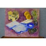 M. Harmsworth, abstract still life, oil on canvas, unframed