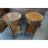 A pair of French Louis XV style inlaid walnut circular two tier etageres