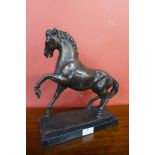 A French style bronze figure of a rearing horse, on black marble socle