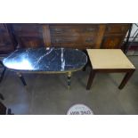 An Italian gilt metal and marble topped coffee table, a/f and a mahogany stool