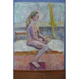 Michael Haswell, portrait of a seated female nude, oil on board, unframed