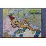 Michael Haswell, portrait of a reclining female nude, oil on board, unframed