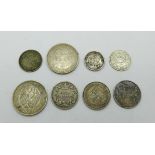 Two German 1930's 5 Mark coins, three Victorian shillings and three other coins, (8)