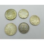 Five coins; two Swedish commemorative 2 krona coins 1921 and 1938, an Austrian commemorative 50