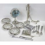 A collection of silver plated items including compact, a box, spoons, a set of cut glass coasters