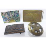 Four belt buckles; one Mexican silver and abalone, Harley-Davidson, Colorado State Penitentiary