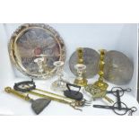 A plated circular tray by Viners, brass candlesticks, a plated candelabra, etc. **PLEASE NOTE THIS