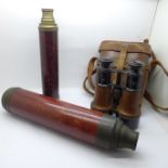 Two three-draw telescopes and a pair of military issue field glasses with 'Medium, 5th Y & L R'