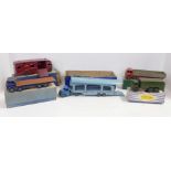 Five boxed Dinky Toys, including Pullmore Car Transporter and 10-Ton Army Truck, playworn