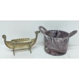 A plated Danish longboat salt and a purple and white slag glass posy holder, circa 1900