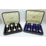 Two sets of six silver spoons, cased, 114g