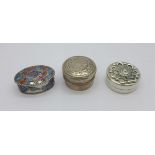 Three silver pill boxes, one London 1900, import, one 935 silver and enamel and one with eastern