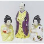 Three small Royal Worcester oriental candle snuffs, Samurai and Japanese Girl x2