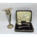 A silver christening gift set and a silver vase, vase a/f, weighable silver 40g