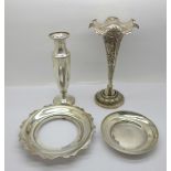 A silver vase, a/f, a continental white metal vase with inscription dated 1929 and two silver