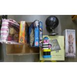 A collection of toys and games including Chad Valley, chess sets, Sudoku, Monopoly, Barbie head, a