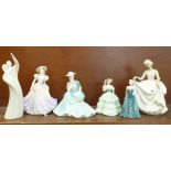 Six figures; Royal Worcester Catherine, a/f (hat), three Coalport including Hayley, a Royal