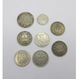 Eight German coins including three 19th Century, one a/f