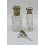 A late Victorian silver scent bottle with screw top, one other scent bottle with hinged top, hinge