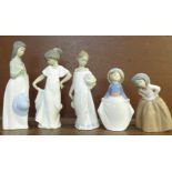 Five Nao figures, 'Girl picking up her Skirt?, designer José Puche in 1992, ?Inquisitive Girl?,