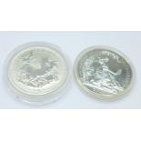 Two one ounce fine silver Britannia £2 coins, 1999 and 2007