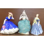 Two Royal Doulton figures, Mary and Adrienne and a pin cushion doll