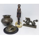 A Chinese censer, a Middle Eastern bronze pot, a Chinese brass dragon figure and an Egyptian figure